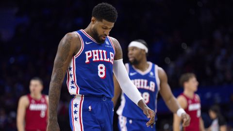 Philadelphia 76ers' Paul George looks down during the NBA basketball game against the Miami Heat, Wednesday, Feb. 5, 2025, in Philadelphia. Heat won 108-101. (AP Photo/Chris Szagola)