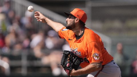 Baltimore Orioles pitcher Zach Eflin (24) delivers in the first inning of a spring training baseball game against the Minnesota Twins in Fort Myers, Fla., Friday, Feb. 28, 2025. (AP Photo/Gerald Herbert)