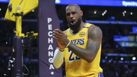 Los Angeles Lakers' LeBron James (23) reacts to a foul call on the New Orleans Pelicans during the second half of an NBA basketball game Tuesday, March 4, 2025, in Los Angeles. (AP Photo/Jae C. Hong)