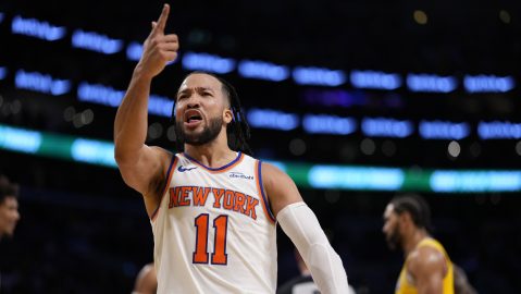 New York Knicks guard Jalen Brunson gestures after scoring during the second half of an NBA basketball game against the Los Angeles Lakers Thursday, March 6, 2025, in Los Angeles. (AP Photo/Mark J. Terrill)