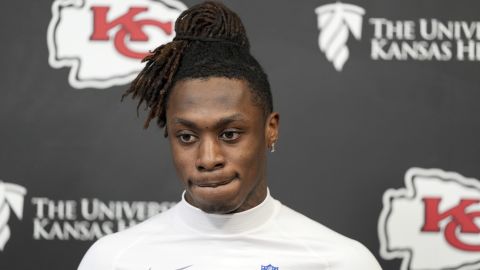 FILE - Kansas City Chiefs wide receiver Xavier Worthy addresses the media before NFL football practice, Thursday, Jan. 30, 2025, in Kansas City, Mo. (AP Photo/Charlie Riedel, File)