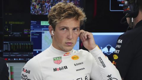 Red Bull driver Liam Lawson of New Zealand reacts in his team garage during the second practice session for the Australian Formula One Grand Prix at Albert Park, in Melbourne, Australia, Friday, March 14, 2025. (AP Photo/Heath McKinley )