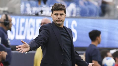 United States' head coach Mauricio Pochettino reacts during the second half of a CONCACAF Nations League semifinal soccer match against Panama, Thursday, March 20, 2025, in Inglewood, Calif. (AP Photo/Etienne Laurent)