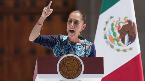 President Claudia Sheinbaum addresses supporters at a rally she convened to welcome U.S. President Donald Trump's decision to postpone tariffs on Mexican goods for one month at the Zocalo, Mexico City's main square, Sunday, March 9, 2025. (AP Photo/Eduardo Verdugo)