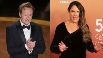 Izquierda: El presentador Conan O'Brien habla durante los Premios Oscar el domingo 2 de marzo de 2025 en el Dolby Theatre de Los Ángeles. (Foto AP/Chris Pizzello). Derecha: Karla Sofía Gascón posa a su llegada a la 50ª ceremonia de los Premios César el viernes 28 de febrero de 2025 en París. (Foto AP/Thomas Padilla).