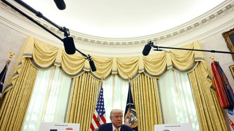 President Donald Trump delivers remarks in the Oval Office of the White House in Washington, Friday, March 7, 2025. (Pool via AP)