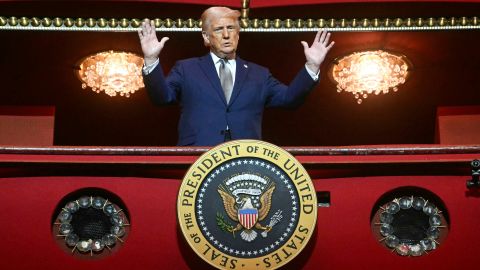 President Donald Trump stands in the presidential box as he tours the John F. Kennedy Center for the Performing Arts in Washington, Monday, March 17, 2025. (Pool via AP)