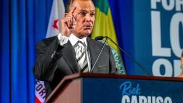 Rick Caruso, a Democratic candidate for Los Angeles mayor, speaks at his primary-night gathering in Los Angeles, Tuesday, June 7, 2022. Democratic U.S. Rep. Karen Bass and billionaire developer Caruso breezed past a large field of rivals looking to be the next mayor of Los Angeles and advanced Tuesday to a runoff election in November. (AP Photo/Alex Gallardo)