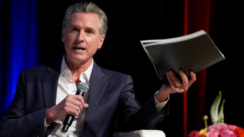 California Gov. Gavin Newsom holds a fireside chat with Stephen Cheung, the President and Chief Executive Officer of the Los Angeles County Economic Development Corporation (LAEDC) and its subsidiary, the World Trade Center Los Angeles (WTCLA) at the 2025 Economic Forecast and Industry Outlook convening on Wednesday, Feb. 26, 2025, at the East LA College in Los Angeles. (AP Photo/Damian Dovarganes)