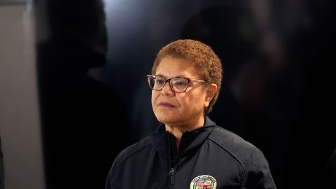 Los Angeles Mayor Karen Bass waits to speak during a press conference at the start of the annual homeless count in the North Hollywood section of Los Angeles Tuesday, Jan. 24, 2023. (AP Photo/Marcio Jose Sanchez)