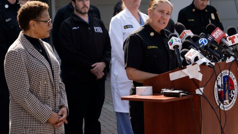 Los Angeles Mayor Karen Bass, left looks on as Los Angeles Fire Department Chief Kristin Crowley talks during a news conference at Harbor–UCLA Medical Center in the West Carson area of Los Angeles on Thursday, Feb. 15, 2024. (AP Photo/Richard Vogel)