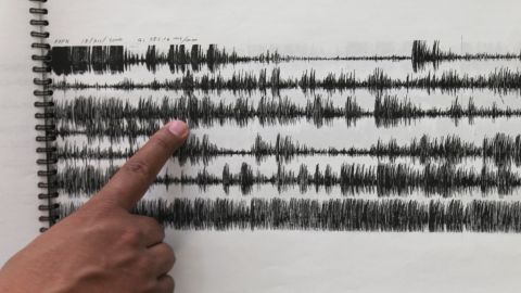 In this July 23, 2013 photo, Gilberto Castelan, director of instrumentation at Mexicos National Disaster Prevention Center laboratory, shows a seismic graph from Dec. 18, 2000 when a large eruption was recorded at the Popocatepetl volcano in Mexico City. Sensors feed data to the constantly scrolling seismographs as the crew and volcanologists analyze the concentration of gases and changes in the shape of the mountain. (AP Photo/Marco Ugarte)