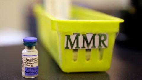 FILE - This Feb. 6, 2015, file photo, shows a measles, mumps and rubella vaccine on a countertop at a pediatrics clinic in Greenbrae, Calif. Washington state lawmakers voted Tuesday, April 23, 2019 to remove parents' ability to claim a personal or philosophical exemption from vaccinating their children for measles, although medical and religious exemptions will remain. (AP Photo/Eric Risberg, File)