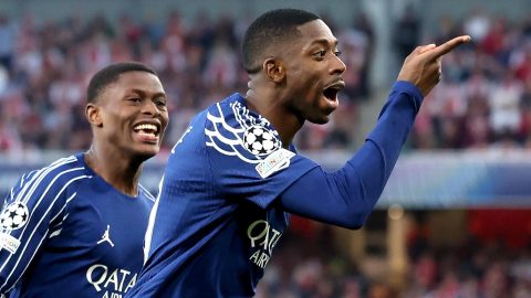 LONDON (United Kingdom), 29/04/2025.- Ousmane Dembele (R) of PSG celebrates after scoring the opening goal during the UEFA Champions League semi-finals, 1st leg soccer match between Arsenal FC and Paris Saint-Germain, in London, Britain, 29 April 2025. (Liga de Campeones, Reino Unido, Londres) EFE/EPA/NEIL HALL