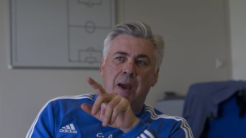 Real Madrid's coach Carlo Ancelotti speaks during an interview in his office at the club's training ground in Madrid, Spain, Wednesday, Nov. 20, 2013. (Paul White/AP Images)