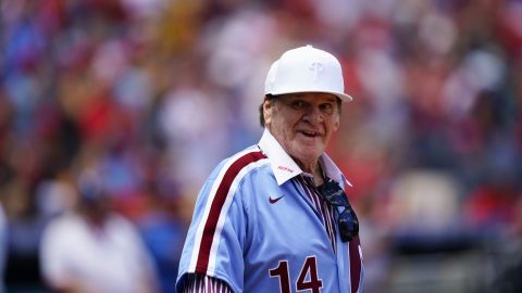 Former Philadelphia Phillies player Pete Rose during an alumni day event before a baseball game between the Phillies and the Washington Nationals, Sunday, Aug. 7, 2022, in Philadelphia. (AP Photo/Matt Rourke)