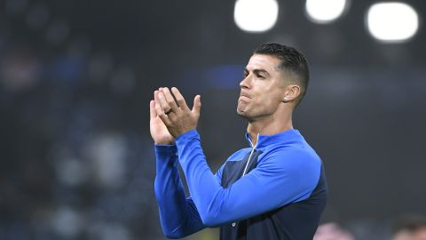 Al Nassr's Cristiano Ronaldo greets his fans during Riyadh Season Cup 2024 final match against Al Hilal at Kingdom Arena Stadium in Riyadh, Saudi Arabia, Thursday, Feb. 8, 2024. (AP Photo)