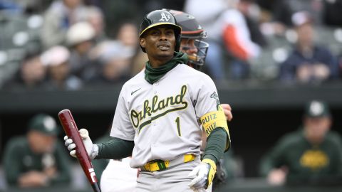 Oakland Athletics' Esteury Ruiz in action during a baseball game against the Baltimore Orioles, Saturday, April 27, 2024, in Baltimore. (AP Photo/Nick Wass)