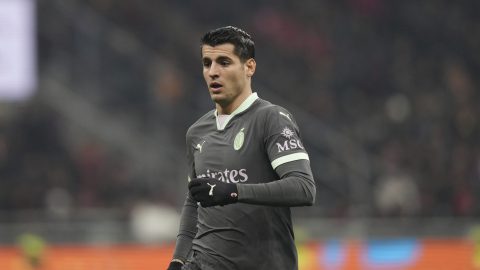 AC Milan's Alvaro Morata runs during the Serie A soccer match between AC Milan and Roma at the San Siro stadium, in Milan, Italy, Sunday, Dec. 29, 2024. (AP Photo/Antonio Calanni)