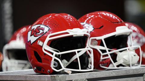 Kansas City Chiefs helmets sit on a case before the NFL Super Bowl 59 football game between the Kansas City Chiefs and the Philadelphia Eagles Sunday, Feb. 9, 2025, in New Orleans. (AP Photo/Doug Benc)