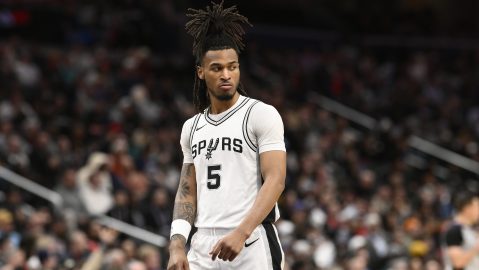 San Antonio Spurs guard Stephon Castle (5) in action during the second half of an NBA basketball game against the Washington Wizards, Monday, Feb. 10, 2025, in Washington. (AP Photo/Nick Wass)