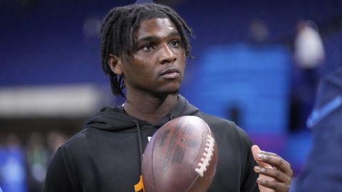 Miami quarterback Cam Ward watches a drill at the NFL football scouting combine in Indianapolis, Saturday, March 1, 2025. (AP Photo/George Walker IV)