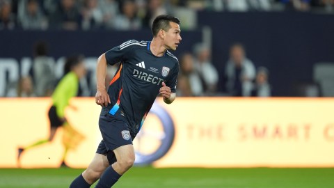 San Diego FC midfielder Hirving "Chucky" Lozano reacts after a missed opportunity to score during the first half of an MLS soccer match against St. Louis City Saturday, March 1, 2025, in San Diego. (AP Photo/Gregory Bull)