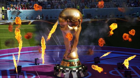 FILE - A giant copy of the trophy is displayed prior to the World Cup group G soccer match between Cameroon and Serbia, at the Al Janoub Stadium in Al Wakrah, Qatar, Nov. 28, 2022. (AP Photo/Pavel Golovkin, File)