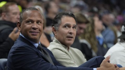 Minnesota Timberwolves minority owner Alex Rodriguez, left, looks on during the second half of an NBA basketball game against the Phoenix Suns, Friday, March 28, 2025, in Minneapolis. (AP Photo/Abbie Parr)