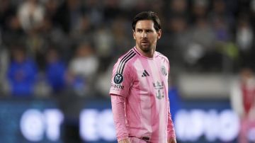 Inter Miami forward Lionel Messi looks on during the second half of an MLS soccer match against Los Angeles FC Wednesday, April 2, 2025, in Los Angeles. (AP Photo/Mark J. Terrill)