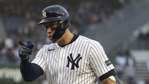 New York Yankees' Aaron Judge reacts after hitting a single during the fifth inning of a baseball game against the San Francisco Giants, Saturday, April 12, 2025, in New York. (AP Photo/Pamela Smith)