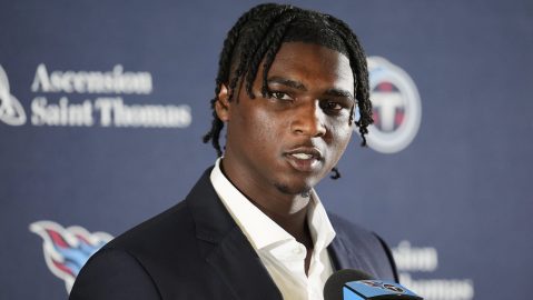 Quarterback Cam Ward, selected by the Tennessee Titans as the No. 1 overall pick in the NFL draft, speaks during a news conference at the NFL football team's training facility Friday, April 25, 2025, in Nashville, Tenn. (AP Photo/George Walker IV)