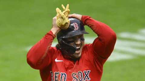 Boston Red Sox's Jarren Duran reacts after stealing home against the Cleveland Guardians during the third inning of the second baseball game of a doubleheader, Saturday, April 26, 2025, in Cleveland, (AP Photo/David Richard)