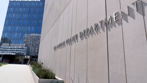 The entrance to the Los Angeles Police Department headquarters are seen in downtown Los Angeles on Tuesday, Oct. 3, 2023. (AP Photo/Richard Vogel)