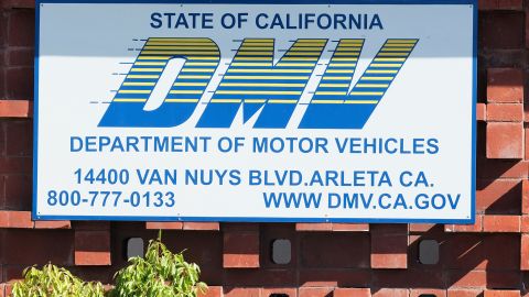 The California Department of Motor Vehicles office in the Arleta neighborhood of Los Angeles is seen Tuesday, April 9, 2019. A soccer fan claims in a lawsuit that the California DMV violated his First Amendment rights by rejecting a personalized license plate he said would celebrate his favorite team, but which the DMV said might be deemed offensive. The lawsuit says Jon Kotler applied for a plate that would read COYW, an abbreviation of "Come on You Whites," a slogan used by fans of London-based Fulham Football Club, referring to their signature white shirts. (AP Photo/Richard Vogel)