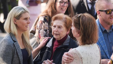 Family and supporters of Erik and Lyle Menendez stand outside the courthouse after a hearing in the brothers' case Friday, April 11, 2025, in Los Angeles. (AP Photo/Damian Dovarganes)