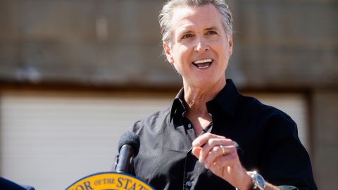 California Gov. Gavin Newsom discusses President Donald Trump's tariffs during a press conference on Wednesday, April 16, 2025, at an almond farm in Ceres, Calif. (AP Photo/Noah Berger)