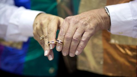 John and Shel Goldstein display their wedding rings before a group wedding, Tuesday, Jan. 6, 2015, in Delray Beach, Fla. Florida's ban on same-sex marriage ended statewide at the stroke of midnight Monday, and court clerks in some Florida counties wasted no time, issuing marriage licenses overnight to same-sex couples. But they still were beaten to the punch by a Miami judge who found no need to wait until the statewide ban expired. (AP Photo/J Pat Carter)
