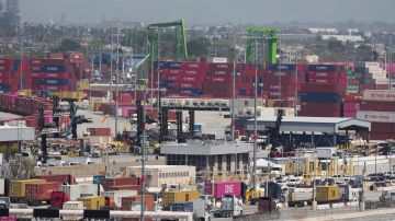 Inbound trucks line up to load shipping containers at the Port of Los Angeles Wednesday, April 9, 2025, in Los Angeles. (AP Photo/Damian Dovarganes)