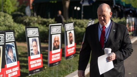 White House border czar Tom Homan walks off following a television interview at the White House, Monday, April 28, 2025, in Washington. (AP Photo/Mark Schiefelbein)