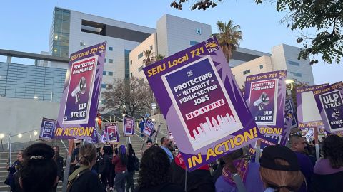 Los Angeles County workers picket outside of the Los Angeles General Medical Center after walking off the job Monday, April 28, 2025, in Los Angeles. (AP Photo/Jaimie Ding)