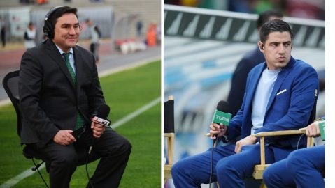 Ciudad Juárez, Chihuahua, 17 de febrero de 2018. Jorge Pietrasanta y Dionisio Estrada comentaristas de ESPN, durante el juego de la jornada 9 del torneo Clausura 2018 de la Liga de Ascenso Bancomer MX, entre Bravos de Juárez y Venados de Mérida, celebrado en el estadio Olimpico Benito Juárez. Foto: Imago7/Jose Zamora