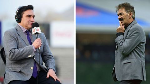 Ciudad Juarez, Chihuahua, 9 de febrero de 2019. Jorge Pietrasanta y Mario Carilllo comentariatas de ESPN, durante el juego de la jornada 6 del torneo Clausura 2019 de la Liga de Ascenso Bancomer MX, entre Bravos de Juarez y Venados de Mérida, celebrado en el estadio Olímpico Benito Juárez. Foto: Imago7/José Zamora