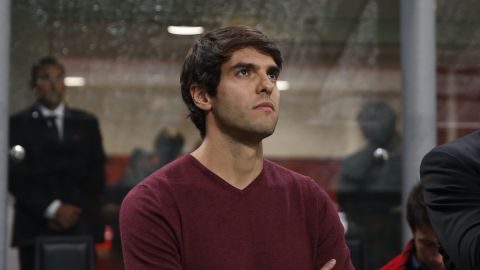 Former AC Milan's player Ricardo Kaka waits for the kick off of the Serie A soccer match between AC Milan and Roma at the Milan San Siro Stadium, Italy, Friday, Aug. 31, 2018. (AP Photo/Antonio Calanni)