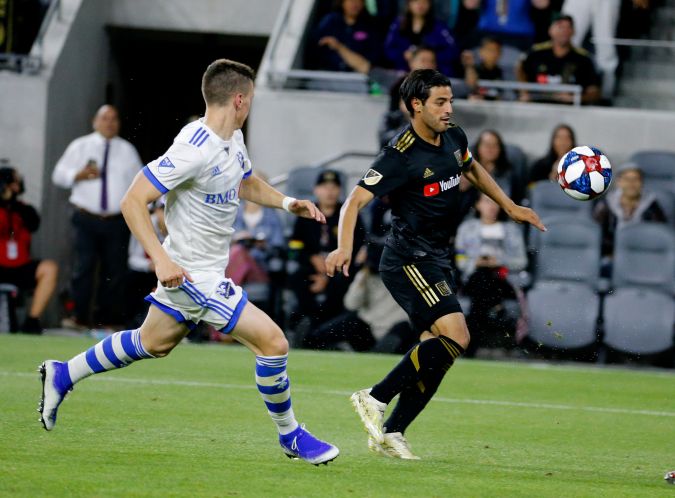 Los Angeles FC forward Carlos Vela (10) of Mexico, controls the ball in an MLS soccer match between Los Angeles FC and Montreal Impact in Los Angeles, Friday, May 24, 2019. LAFC won 4-2. (AP Photo/Ringo H.W. Chiu)