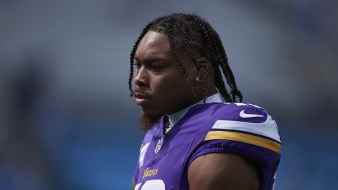 Minnesota Vikings wide receiver Justin Jefferson (18) walks the field prior to an NFL football game against the Carolina Panthers, Sunday, Oct. 1, 2023, in Charlotte, N.C. (AP Photo/Brian Westerholt)