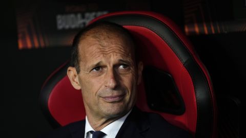 FILE - Juventus' head coach Massimiliano Allegri looks on before their Europa League soccer match against Sevilla, at the Ramon Sanchez Pizjuan stadium in Seville, Spain, Thursday, May 18, 2023. Inter Milan host Juventus on Sunday, Feb. 4, 2024. Inter coach Simone Inzaghi has won three Italian Cup titles and lifted the Italian Super Cup five times. He has never won a league title but appears to be closer than ever to it this season. Standing in his way is one of the most successful coaches in Italy in Massimiliano Allegri. (AP Photo/Jose Breton, file)