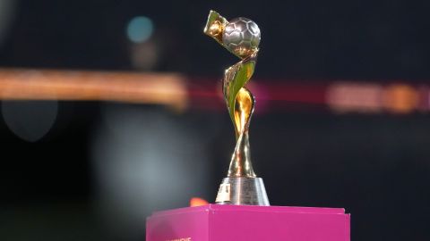 FILE - The tournament trophy is displayed on the pitch before the Women's World Cup soccer final between Spain and England at Stadium Australia in Sydney, Australia, on Aug. 20, 2023. Brazil's bid for the 2027 Women's World Cup was ranked higher than the bid submitted by Germany, the Netherlands and Belgium in an evaluation report released by FIFA on Tuesday, May 7, 2024. (AP Photo/Abbie Parr, File)