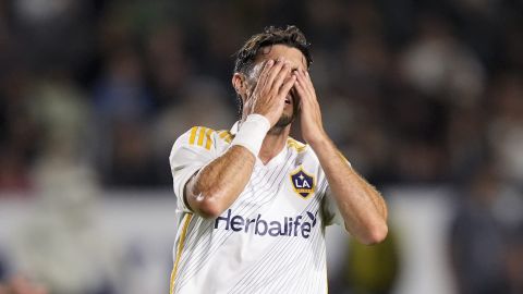 LA Galaxy midfielder Gastón Brugman reacts after missing a shot against Real Salt Lake during the second half of an MLS soccer match Saturday, May 11, 2024, in Carson, Calif. (AP Photo/Ryan Sun)