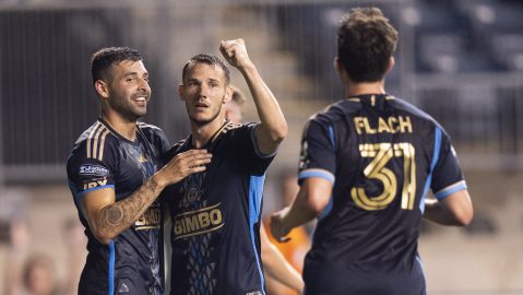 Philadelphia Union's Tai Baribo, left, celebrates after his goal with Daniel Gazdag, center, and Leon Flach, right, during the first half of a Leagues Cup soccer game against CF Montreal, Friday, Aug. 9, 2024, in Chester, Pa. (AP Photo/Chris Szagola)